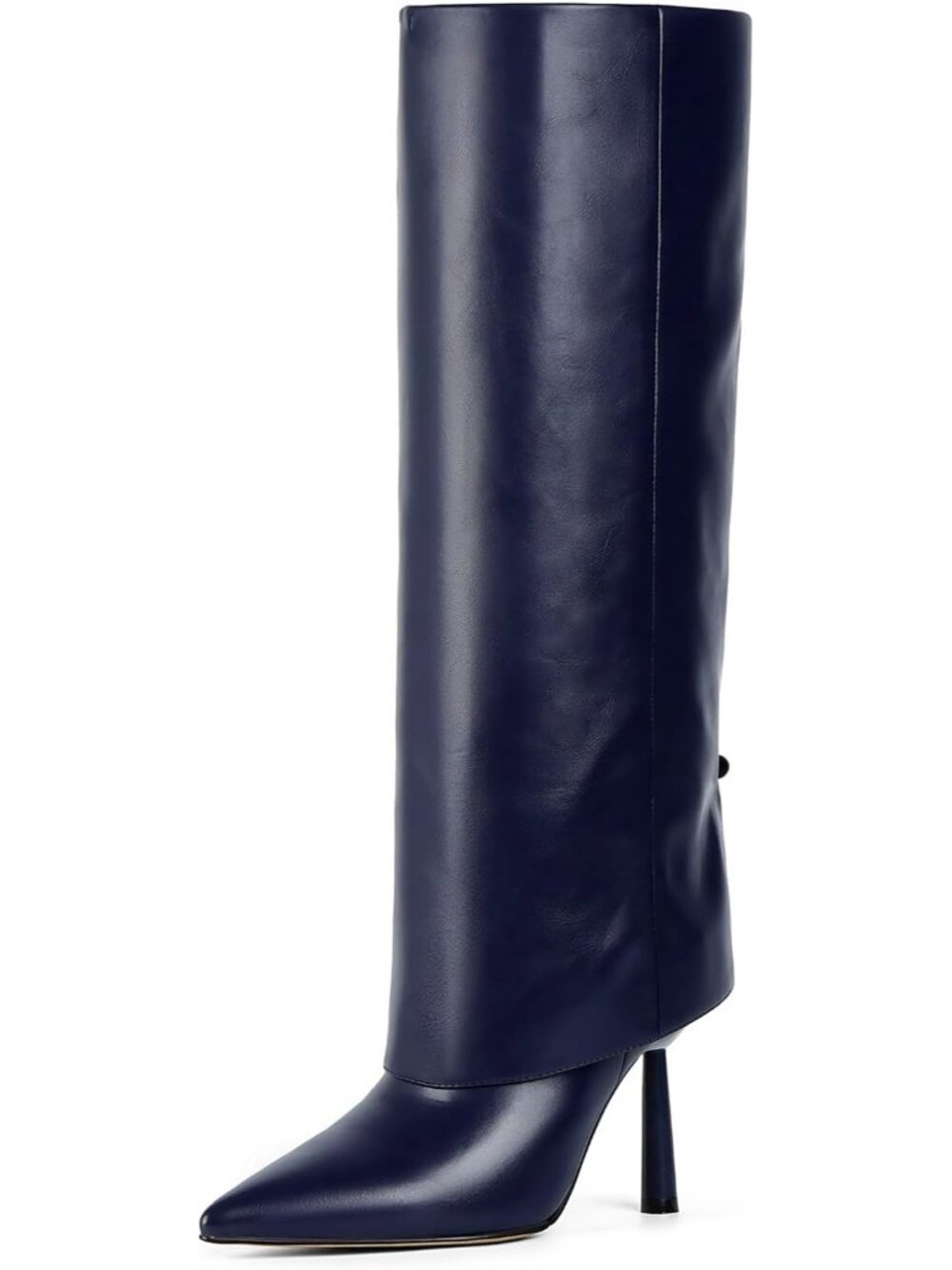 Women's Blue Faux Leather Pointed Toe Stiletto Heel Fold Over Knee High Boots
